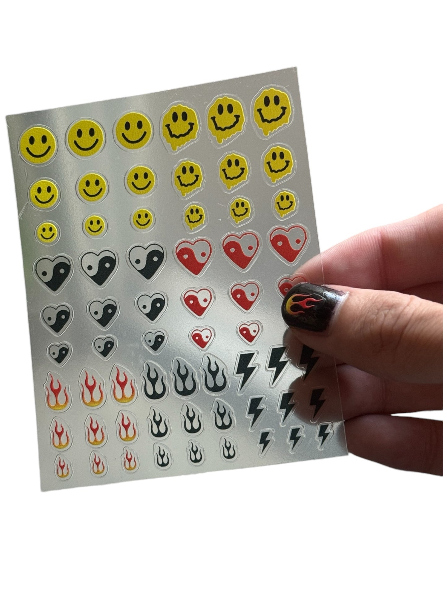 Vibe Check Nail Stickers, Smiley Face Decals, Yin-Yang Heart Nail Art, Flame and Lightning Bolt Designs, Trendy and Edgy Nail Art Sticker