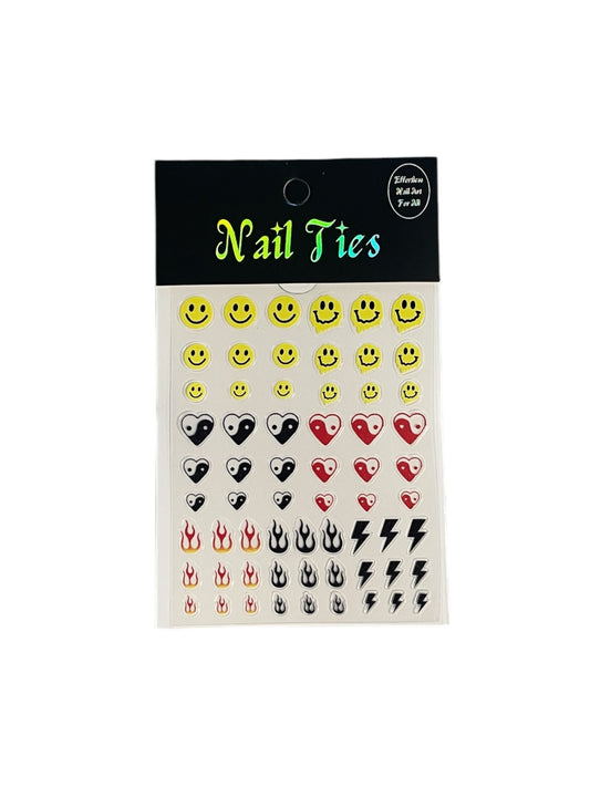 Vibe Check Nail Art Stickers – Smiley Faces, Yin-Yang, Flames & Lightning Bolts