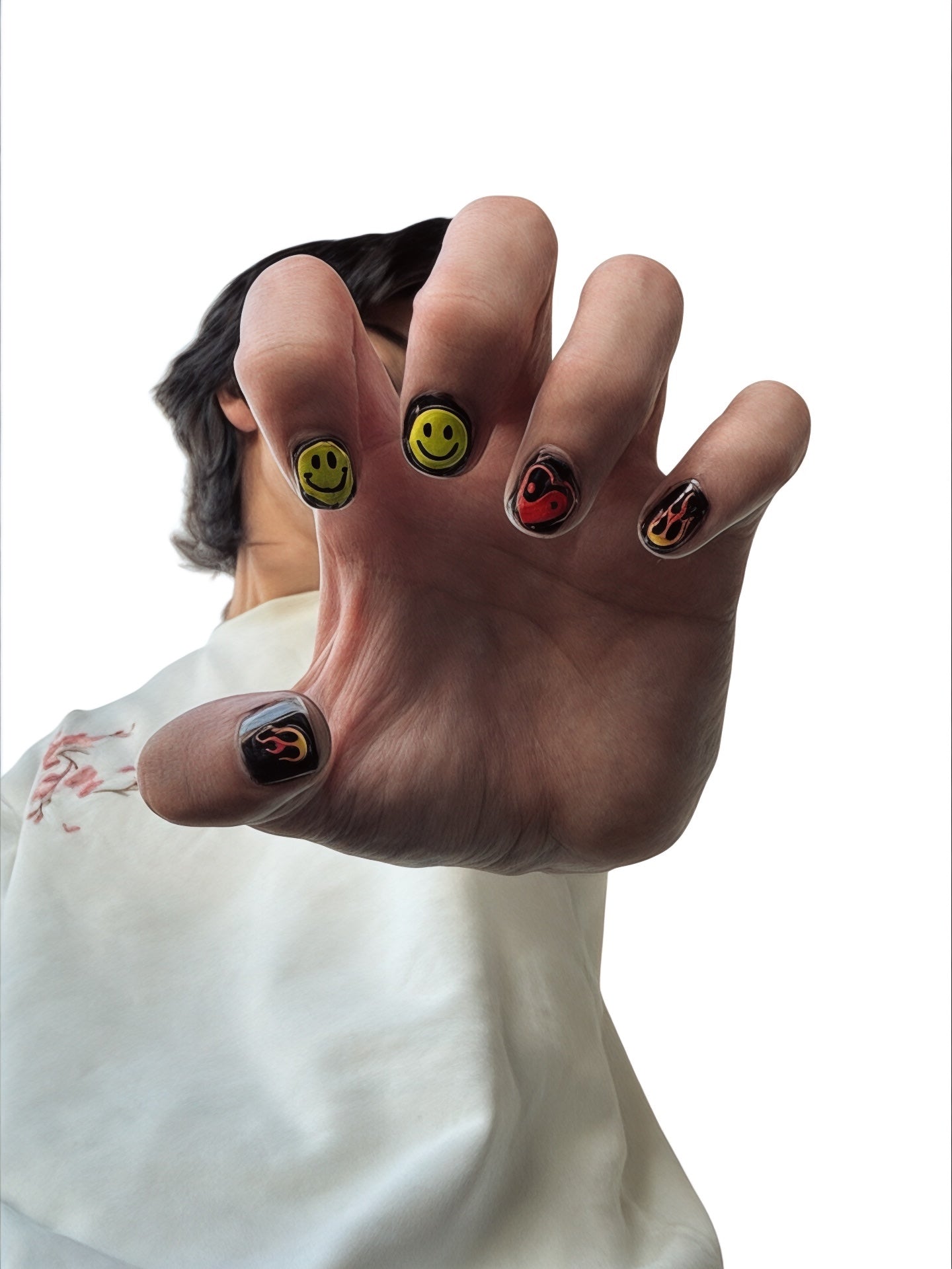 Vibe Check Nail Stickers, Smiley Face Decals, Yin-Yang Heart Nail Art, Flame and Lightning Bolt Designs, Trendy and Edgy Nail Art Sticker